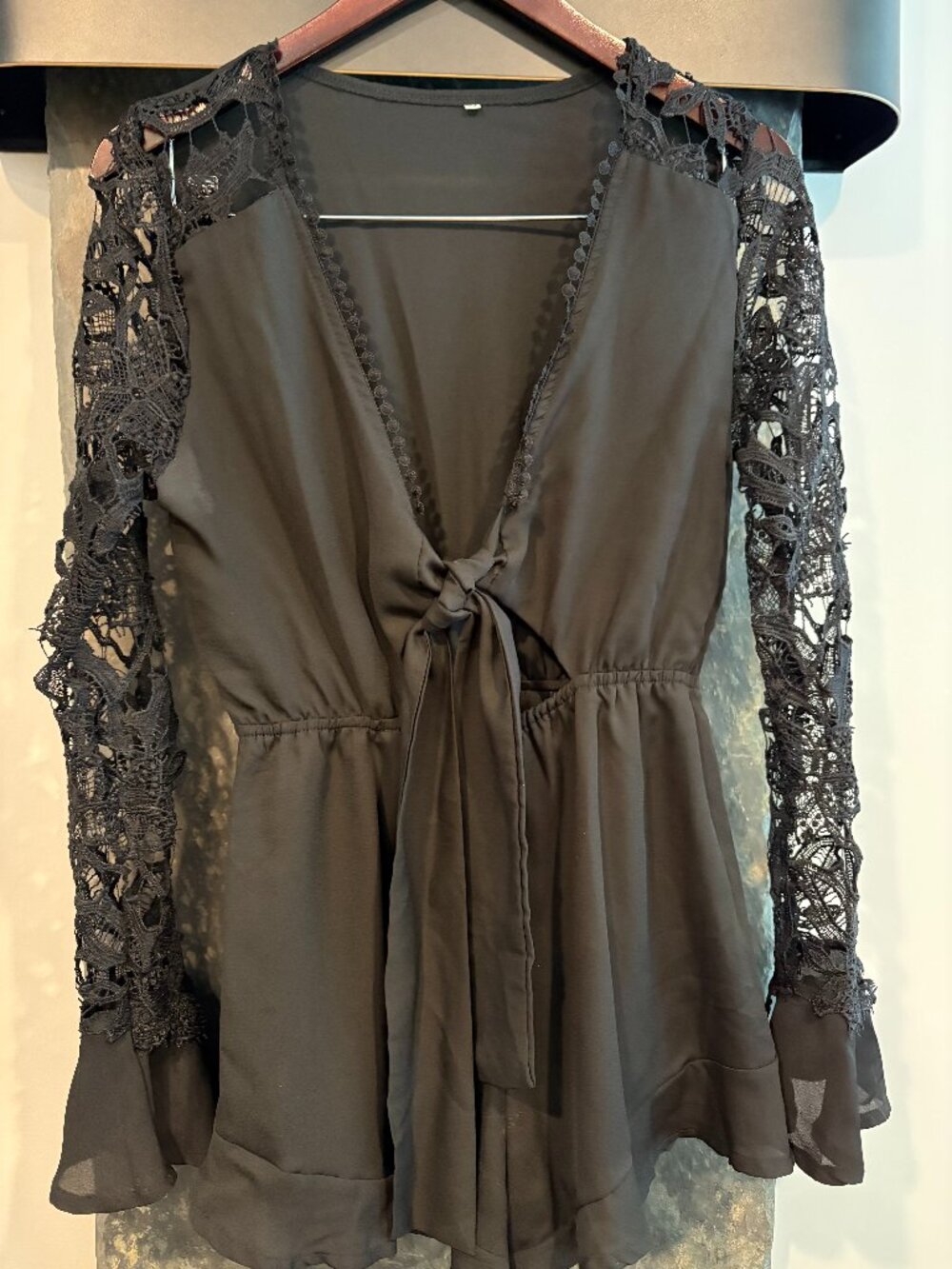 Black Lace Bell Sleeve Romper, Medium
